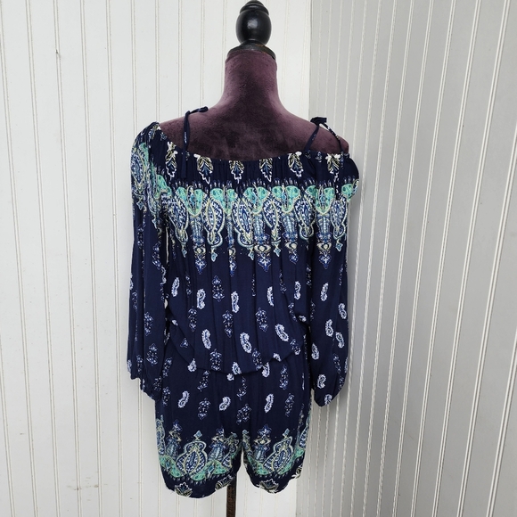 Kori America White Navy Blue Romper Off The Shoulder Tie Paisley Rayon Sz M - Picture 8 of 16